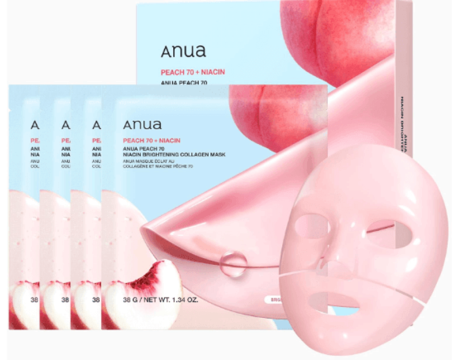 Anua, Peach 70 Niacin Brightening Collagen Beauty Mask, 4 Sheets